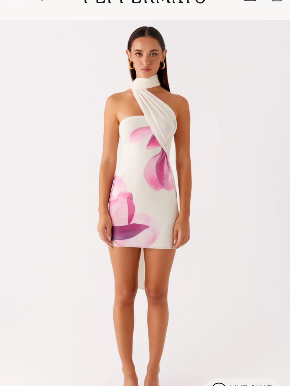 Peppermayo White One-Shoulder Mini Dress with Pink Floral Print